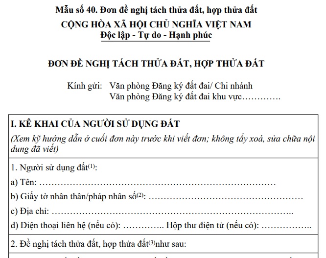 Mẫu đơn đề nghị tách thửa đất hợp thửa đất tại Huế năm 2026 là mẫu nào?