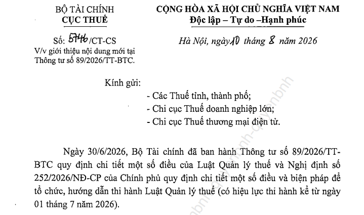 Công văn 5746/CT-CS giới thiệu điểm mới Thông tư 89/2026/TT-BTC hướng dẫn Luật Quản lý thuế
