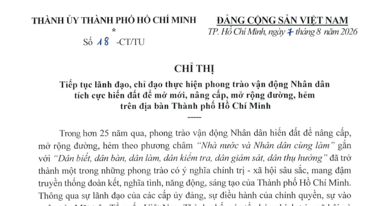 Chỉ thị 18-CT/TU vận động Nhân dân tích cực hiến đất mở rộng đường, hẻm tại TP.HCM ra sao?