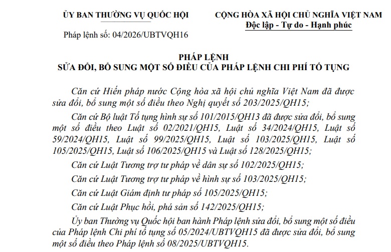 Pháp lệnh 04/2026/UBTVQH16 sửa đổi Pháp lệnh Chi phí tố tụng như thế nào?