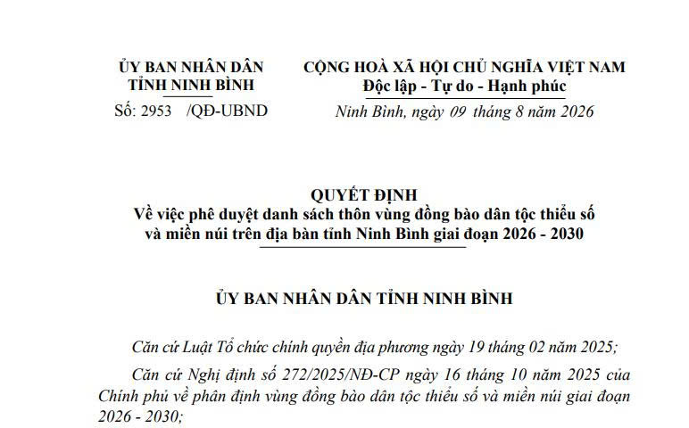 Danh sách thôn vùng đồng bào dân tộc thiểu số và miền núi tỉnh Ninh Bình giai đoạn 2026 - 2030 ra sao? 