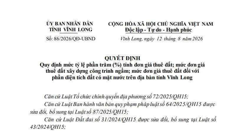 Quyết định 86/2026/QĐ-UBND mức tỷ lệ phần trăm tính đơn giá thuê đất tỉnh Vĩnh Long ra sao?