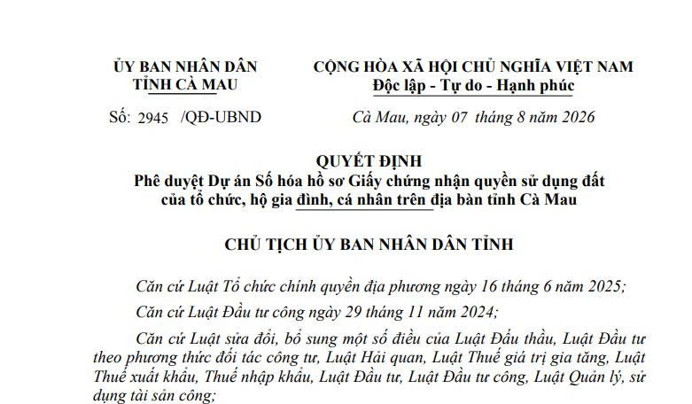 Quyết định 2945 dự án Số hóa hồ sơ Giấy chứng nhận quyền sử dụng đất tỉnh Cà Mau thế nào?
