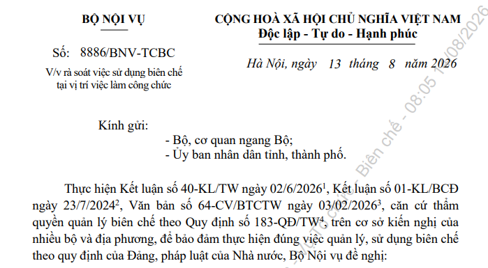 Công văn 8886/BNV-TCBC rà soát biên chế tại vị trí việc làm công chức