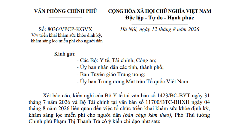 Công văn 8036/VPCP-KGVX: Khám sức khỏe miễn phí cho người dân được triển khai như thế nào?