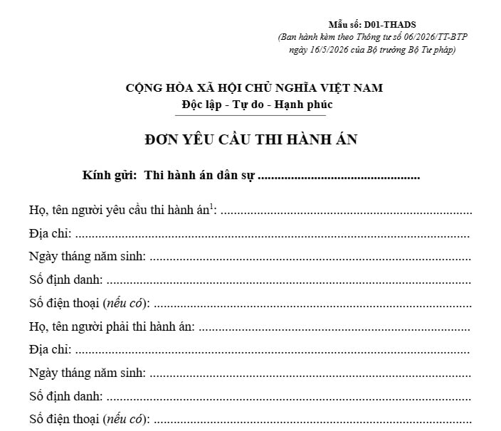 Mẫu D01-THADS đơn yêu cầu thi hành án dân sự năm 2026 theo Thông tư 06 như thế nào?