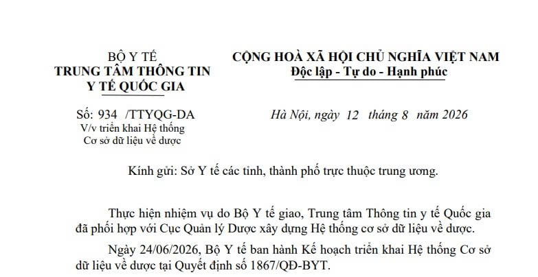 Công văn 934/TTYQG-DA triển khai Hệ thống Cơ sở dữ liệu về dược như thế nào? 