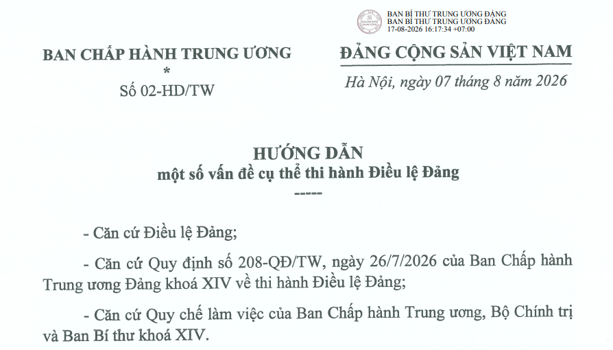 Hướng dẫn 02-HD/TW một số vấn đề cụ thể thi hành Điều lệ Đảng