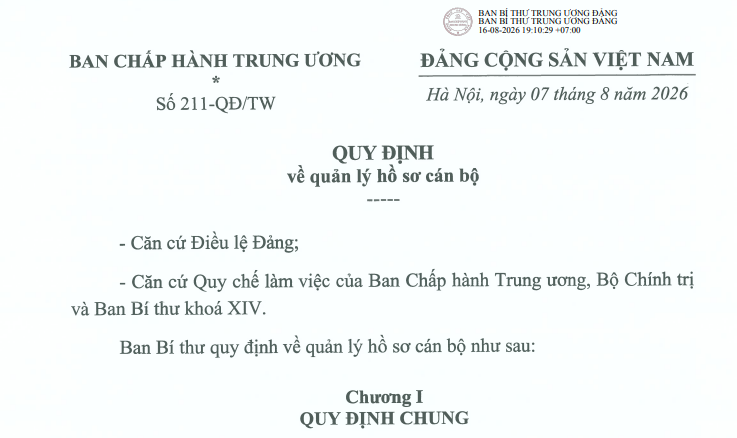 Quy định 211-QĐ/TW 2026 về quản lý hồ sơ cán bộ