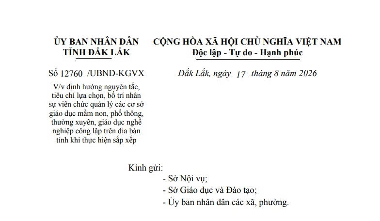 Công văn 12760 tiêu chí lựa chọn viên chức quản lý các cơ sở giáo dục công lập tỉnh Đắk Lắk khi sắp xếp ra sao? 