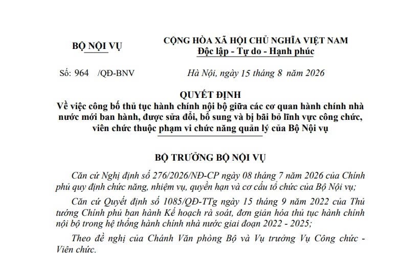 Quyết định 964/QĐ-BNV sửa đổi 07 thủ tục về công chức viên chức ra sao?