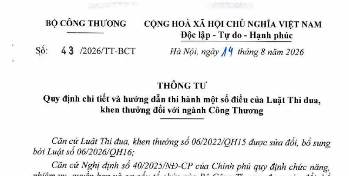 Thông tư 43/2026/TT-BCT hướng dẫn Luật Thi đua khen thưởng ngành Công Thương ra sao?