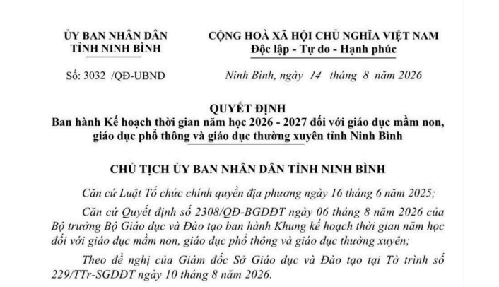 Kế hoạch thời gian năm học 2026-2027 tỉnh Ninh Bình theo Quyết định 3032/QĐ-UBND