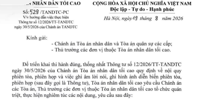Công văn 529/TANDTC-PC hướng dẫn Thông tư 12/2026/TT-TANDTC về nội quy phiên tòa