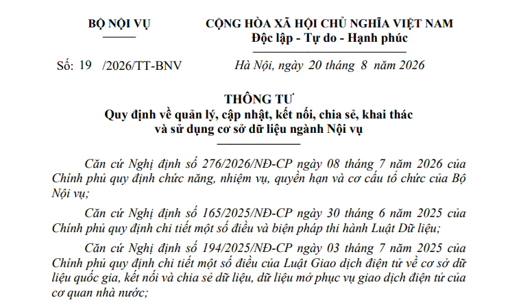 Thông tư 19/2026/TT-BNV về quản lý và chia sẻ cơ sở dữ liệu ngành Nội vụ ra sao?