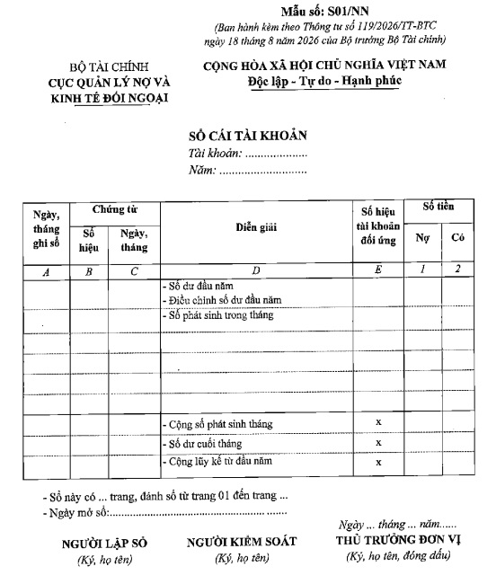 Mẫu S01/NN Sổ cái tài khoản theo Thông tư 119/2026/TT-BTC là mẫu nào?