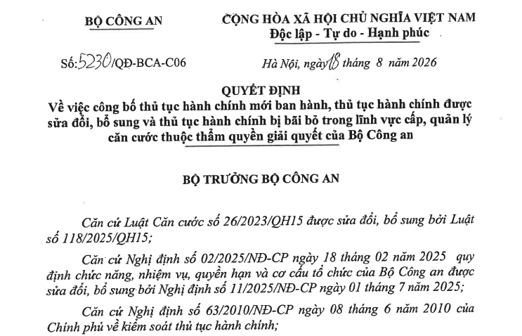 Quyết định 5230/QĐ-BCA-C06 thủ tục hành chính mới về thẻ căn cước ra sao?