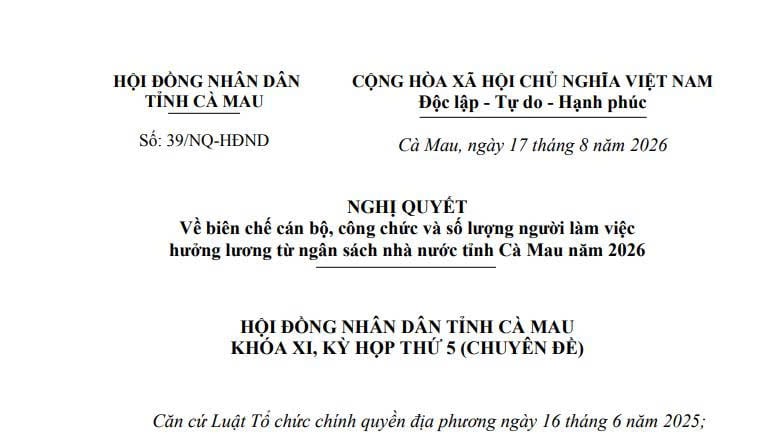 Nghị quyết biên chế cán bộ công chức tỉnh Cà Mau năm 2026 