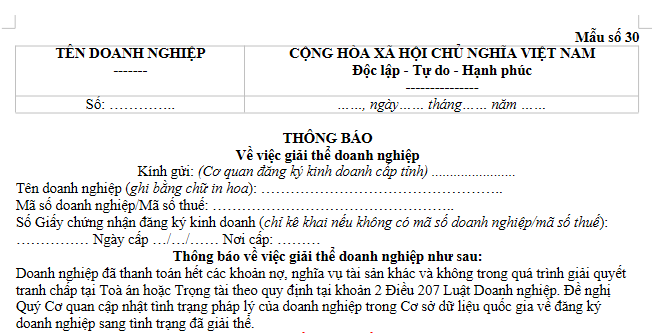 Mẫu Thông báo giải thể doanh nghiệp theo Thông tư 121/2026/TT-BTC