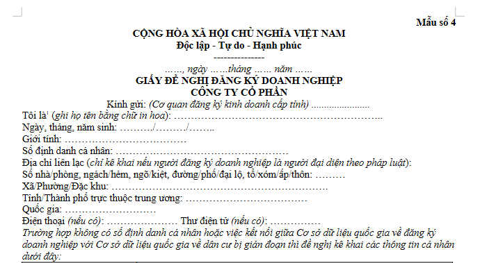 Mẫu Giấy đề nghị đăng ký doanh nghiệp (công ty cổ phần) theo Thông tư 121/2026/TT-BTC