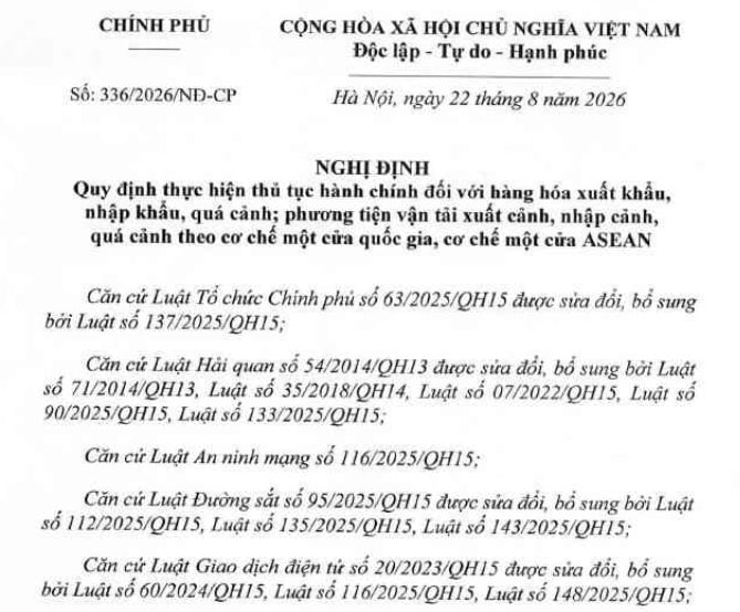 Nghị định 336/2026/NĐ-CP quy định thủ tục đối với hàng xuất nhập khẩu theo cơ chế một cửa quốc gia thế nào?