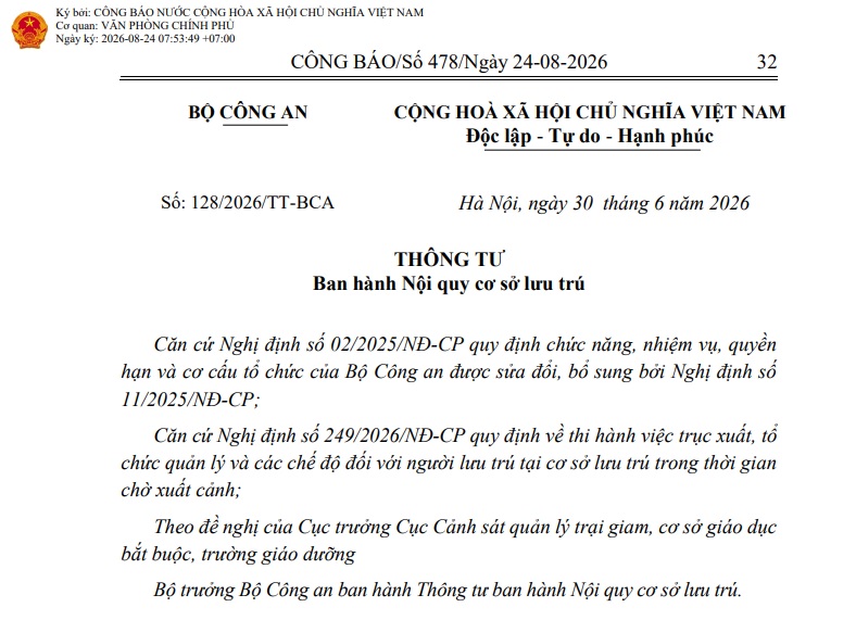 Thông tư 128/2026/TT-BCA về Nội quy cơ sở lưu trú có những nội dung gì?