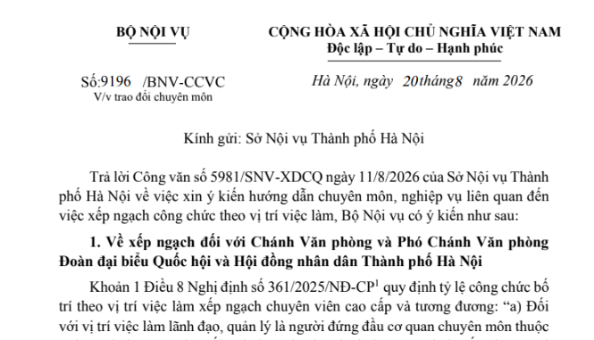Công văn 9196/BNV-CCVC xếp ngạch công chức cho lãnh đạo HĐND, UBND, cán bộ ở cấp xã ra sao?