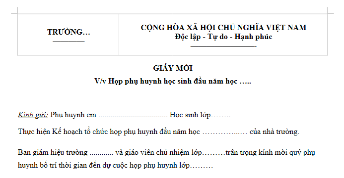 Mẫu giấy mời họp phụ huynh đầu năm học 2026-2027