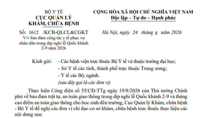 Công văn 1612/KCB-QLCL&CGKT bảo đảm công tác y tế phục vụ dịp nghỉ lễ Quốc khánh 2-9