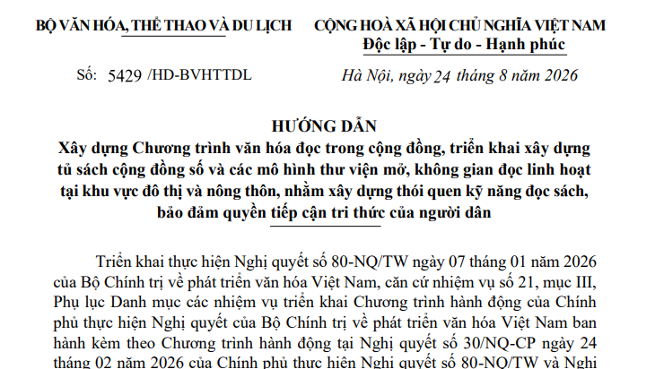Hướng dẫn 5429/HD-BVHTTDL về phát triển văn hóa đọc và mô hình thư viện mở ra sao?