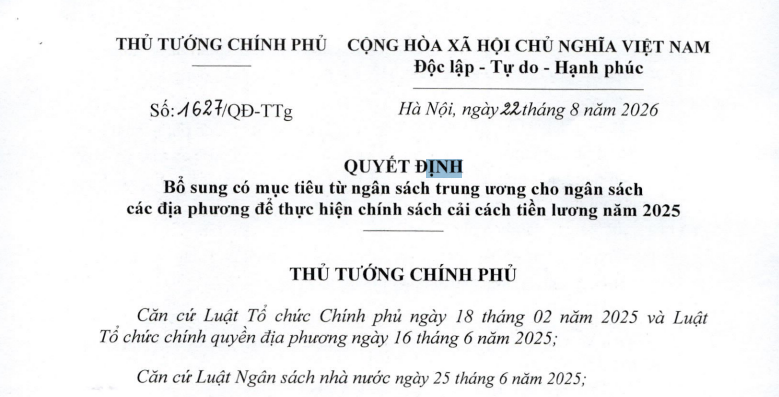 Quyết định 1627/QĐ-TTg bổ sung ngân sách cải cách tiền lương cho những tỉnh thành nào, bổ sung bao nhiêu?