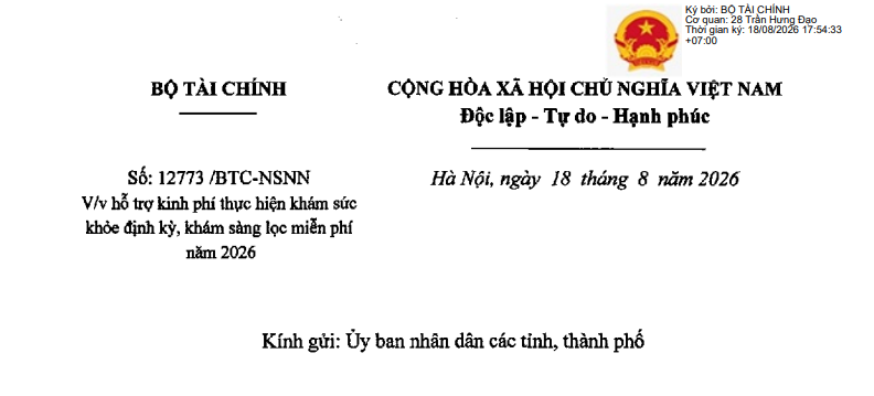 Công văn 12773/BTC-NSNN kinh phí khám sức khỏe định kỳ, khám sàng lọc miễn phí năm 2026 được hỗ trợ ra sao?