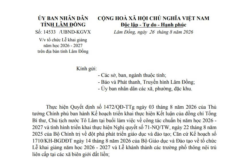 Công văn 14533 tổ chức Lễ Khai giảng năm học 2026 - 2027 tỉnh Lâm Đồng 