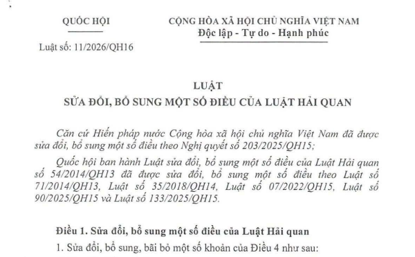 Luật sửa đổi Luật Hải quan 2026 (Luật số 11/2026/QH16)