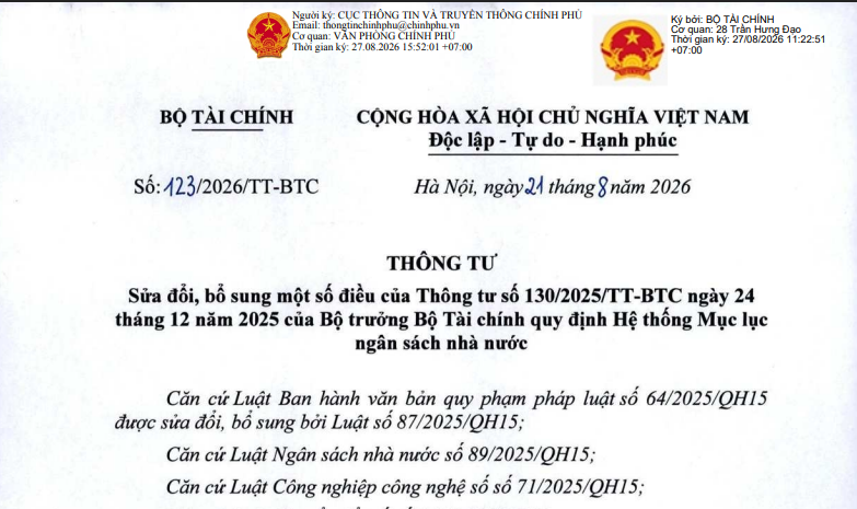 Thông tư 123/2026/TT-BTC sửa đổi Hệ thống Mục lục ngân sách Nhà nước ra sao?