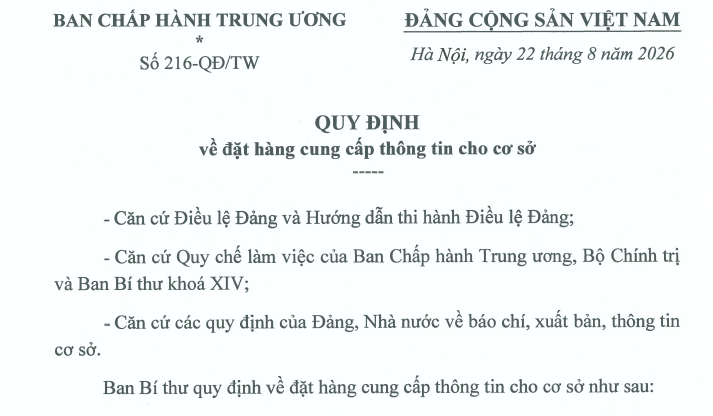 Quy định 216-QĐ/TW về đặt hàng cung cấp thông tin cho cơ sở