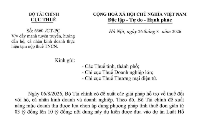 Công văn 6360/CT-PC hướng dẫn hộ kinh doanh tạm nộp thuế TNCN