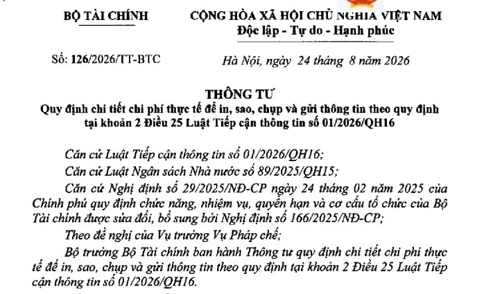 Thông tư 126/2026/TT-BTC quy định chi phí thực tế để sao chụp thông tin như thế nào?