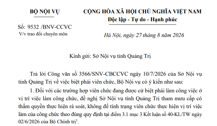 Công văn 9532/BNV-CCVC hướng dẫn về việc biệt phái viên chức