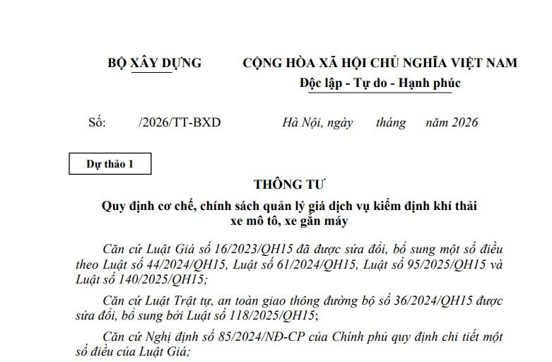 Dự thảo Thông tư giá dịch vụ kiểm định khí thải xe máy 