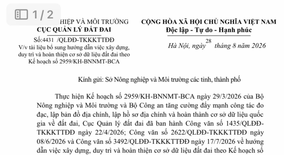 Công văn 4431/QLĐĐ-TKKKTTĐĐ hướng dẫn hoàn thiện cơ sở dữ liệu đất đai