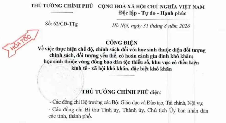 Công điện 62/CĐ-TTg thực hiện chế độ với học sinh có hoàn cảnh khó khăn