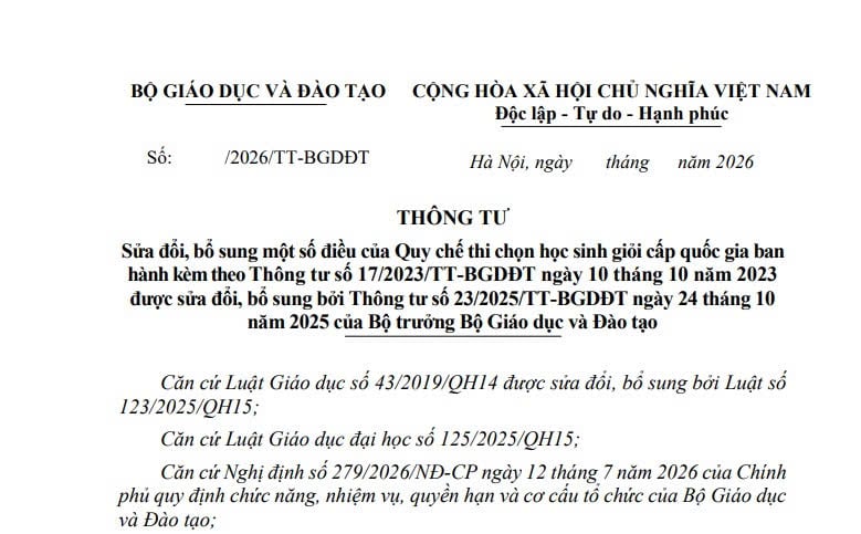 Dự thảo Thông tư sửa đổi Quy chế thi chọn học sinh giỏi cấp quốc gia