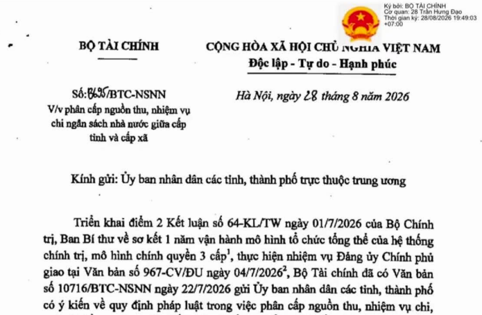 Công văn 8695/BTC-NSNN phân bổ nguồn thu, nhiệm vụ chi ngân sách giữa cấp tỉnh và cấp xã