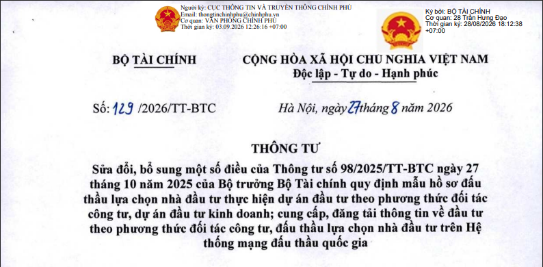 Thông tư 129/2026/TT-BTC sửa đổi hồ sơ đấu thầu lựa chọn nhà đầu tư ra sao?
