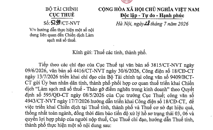 Công văn 5299/CT-NVT hướng dẫn thực hiện Chiến dịch Làm sạch mã số thuế