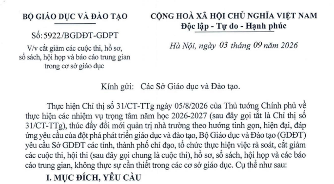 Công văn 5922/BGDĐT-GDPT cắt giảm các cuộc thi trong cơ sở giáo dục
