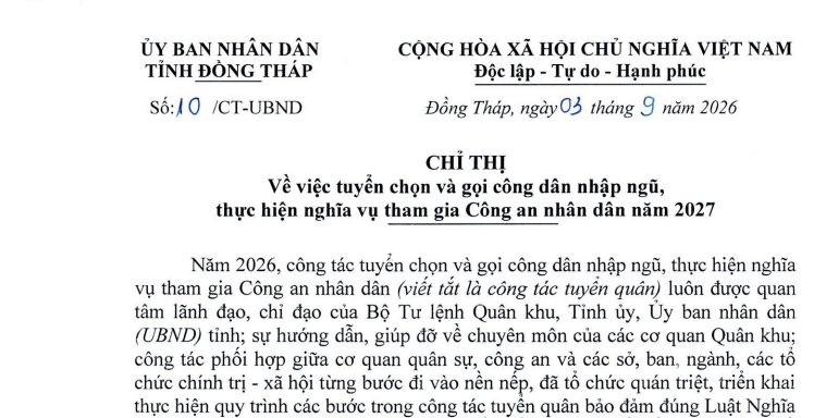 Tuyển chọn và gọi công dân nhập ngũ năm 2027 tại Đồng Tháp ra sao?