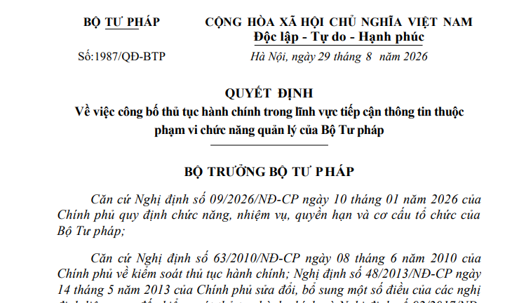 Quyết định 1987/QĐ-BTP công bố thủ tục hành chính mới về tiếp cận thông tin ra sao?