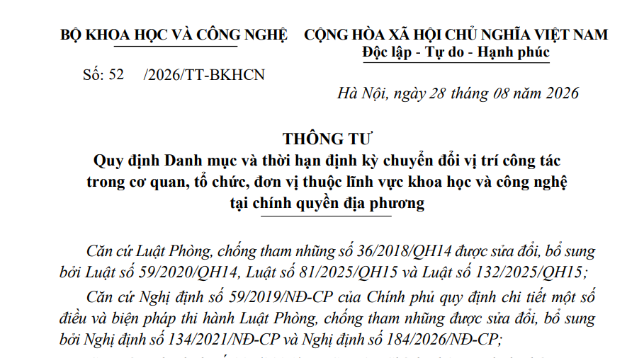 Danh mục vị trí công tác định kỳ chuyển đổi thuộc lĩnh vực khoa học và công nghệ (Thông tư 52/2026/TT-BKHCN)